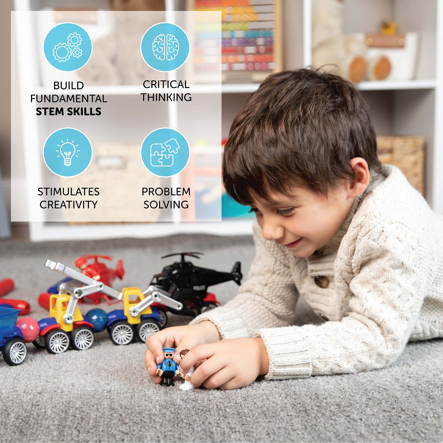 PLAY BRAINY 59-Piece Magnetic Emergency Vehicle Toy Set – Fire Truck, Ambulance, Helicopter & More for Kids 3+ Years