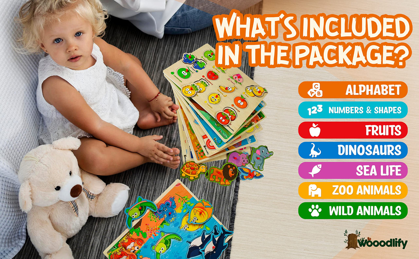 7-Pack Wooden Puzzles for Toddlers Ages 2-5 – Colorful Chunky Peg Puzzles with Alphabet, Numbers, Animals & Shapes, Educational Learning Toys