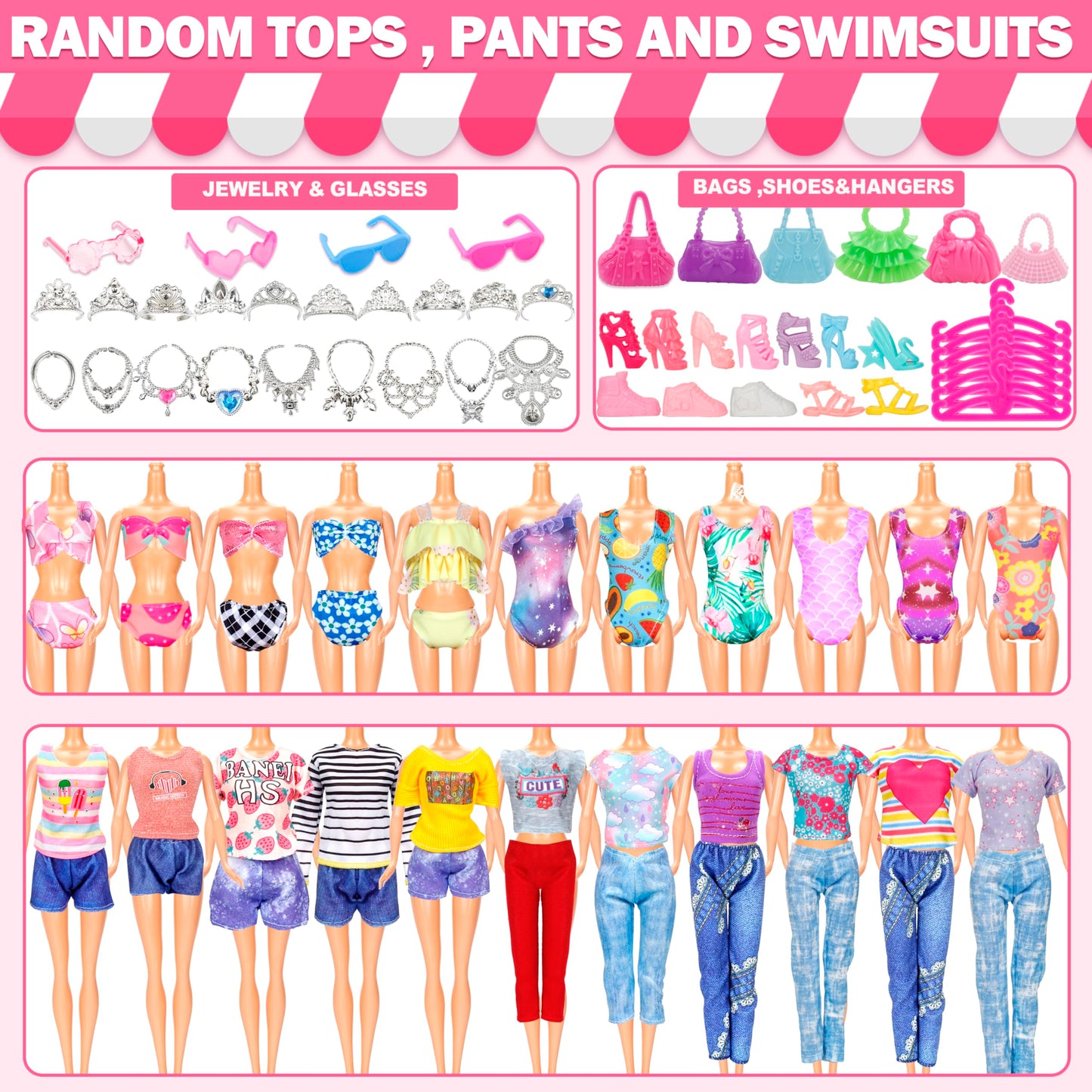 130-Piece Doll Clothes & Accessories Set for 11"-12" Dolls – 4 Princess Gowns, 8 Dresses, Tops, Pants, Shoes, Swimsuits & Hangers