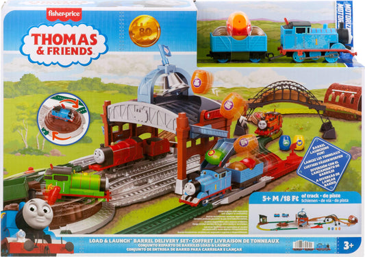 Thomas & Friends Toy Train Playset by Fisher-Price, Load & Launch Barrel Delivery with Classic Motorized Engine & Cargo Car, 18 Feet of Track