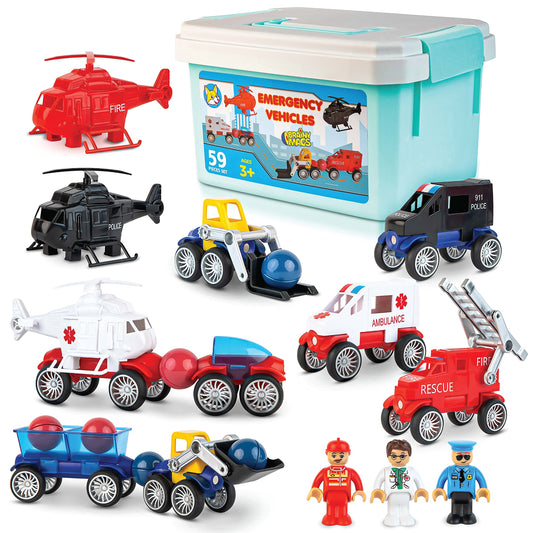 PLAY BRAINY 59-Piece Magnetic Emergency Vehicle Toy Set – Fire Truck, Ambulance, Helicopter & More for Kids 3+ Years