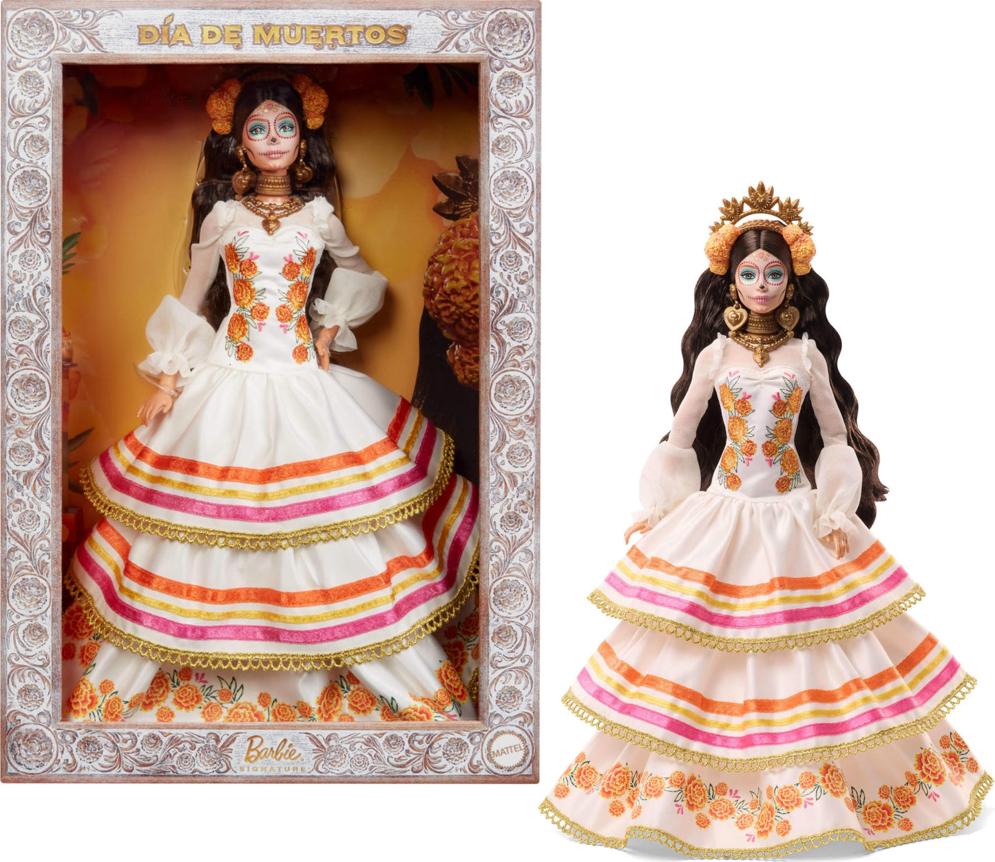 Barbie Signature Doll, Día De Muertos 2025 Collectible in Ruffled Cream Gown Trimmed with Marigolds and Ribbon, Flower Crown and Calavera Face Paint