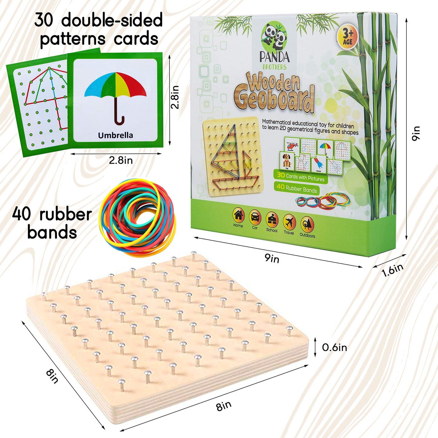 Panda Brothers Wooden Geoboard – Montessori STEM Toy for Kids Ages 3-5, Includes 30 Pattern Cards & 40 Rubber Bands for Creative Learning