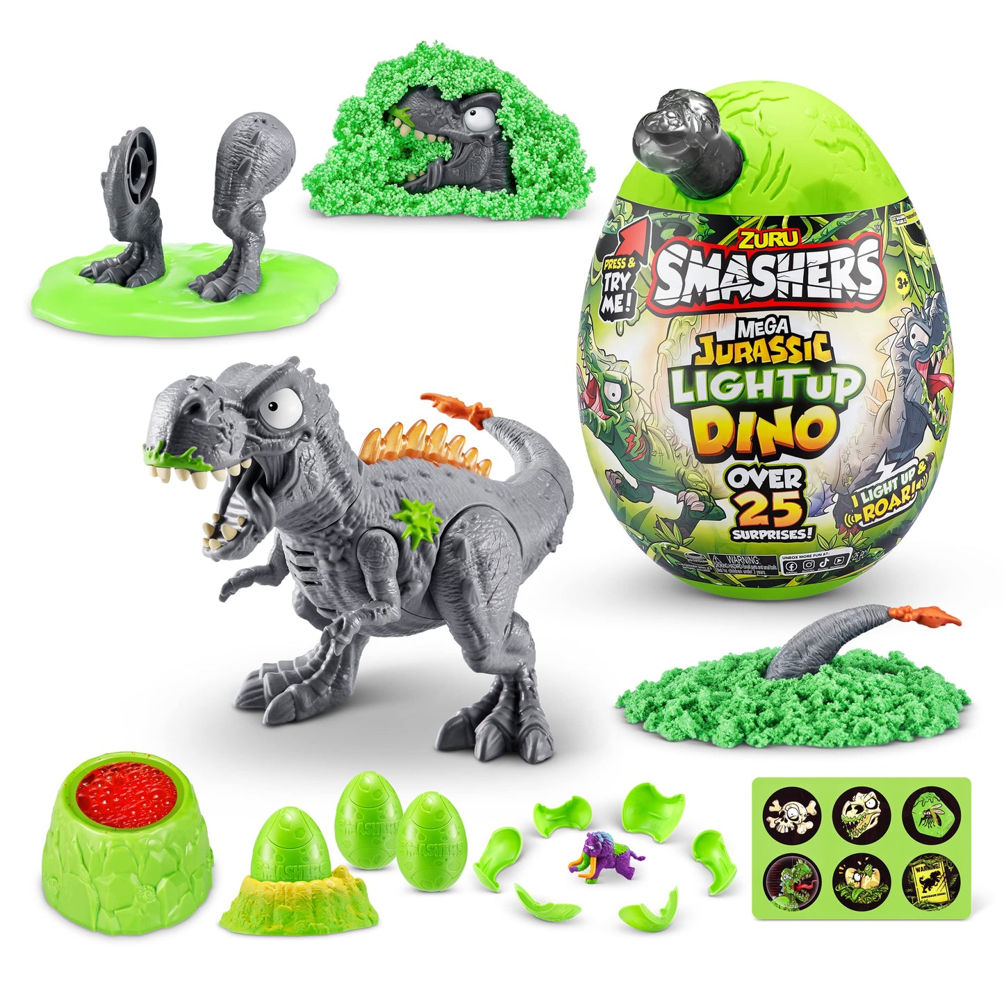 Smashers Mega Jurassic Light Up Dino Egg T-Rex by ZURU – Collectible Egg with 25+ Surprises, Volcano Slime, Fossil & Dinosaur Toys
