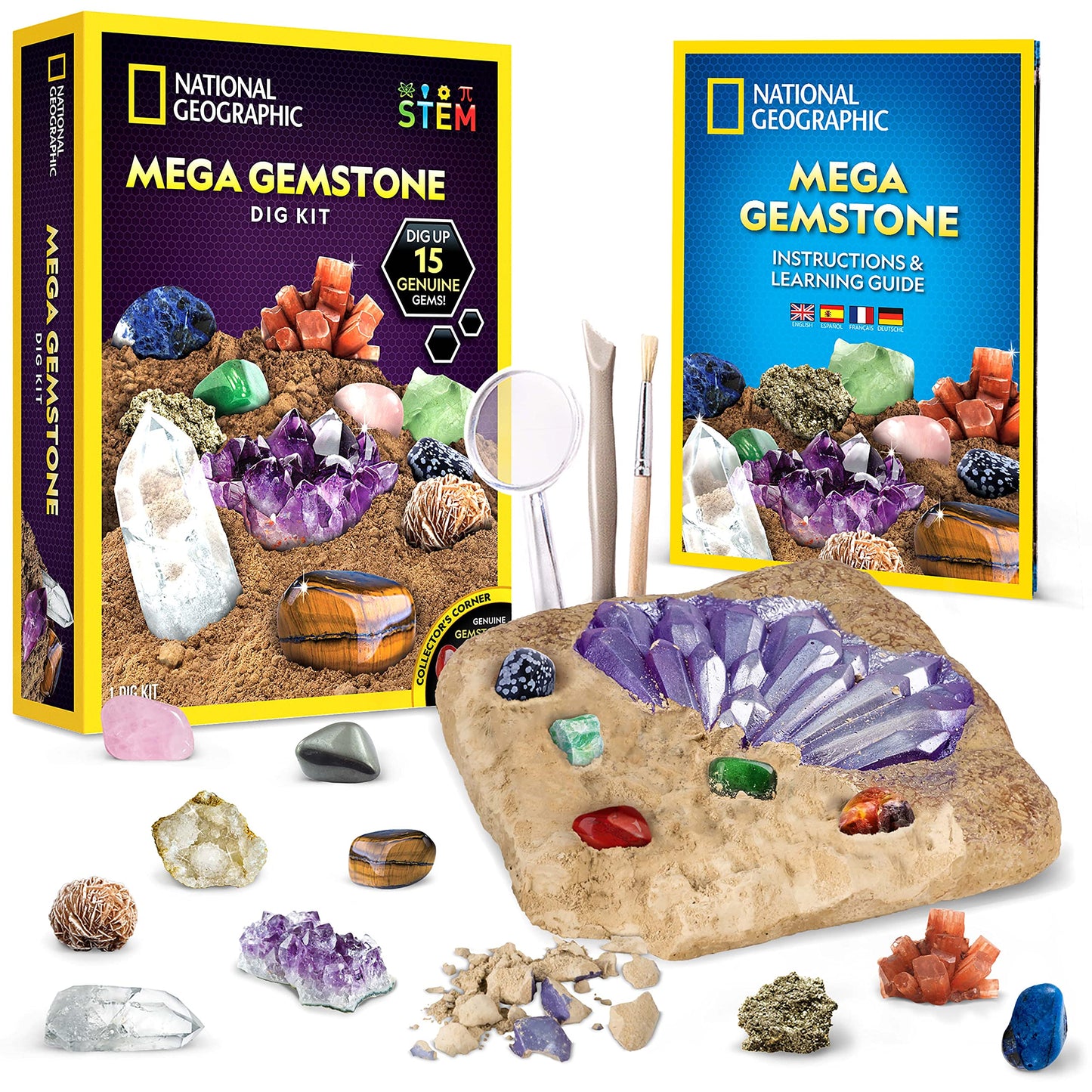 NATIONAL GEOGRAPHIC Mega Gemstone Dig Kit – Discover 15 Real Gems & Crystals, Science & Mining Kit for Kids, Rock Collection Gift