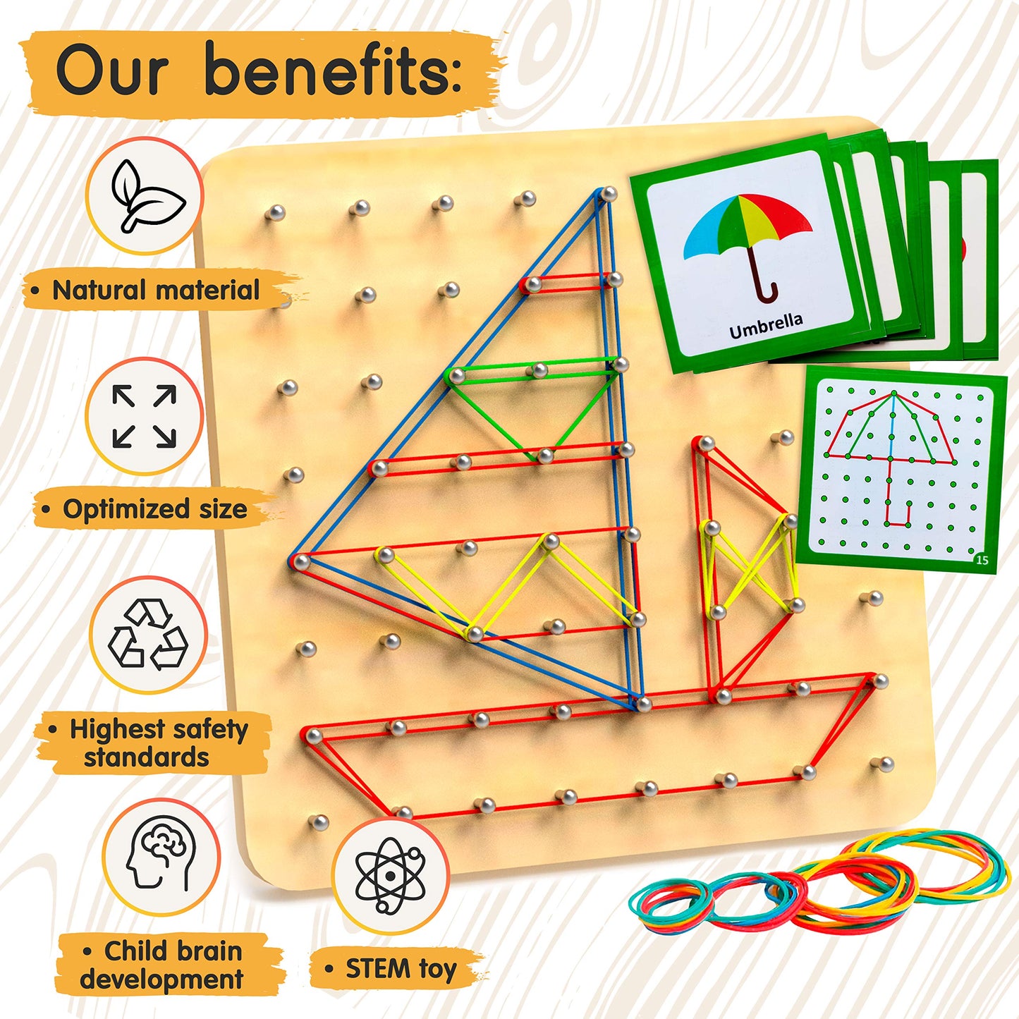 Panda Brothers Wooden Geoboard – Montessori STEM Toy for Kids Ages 3-5, Includes 30 Pattern Cards & 40 Rubber Bands for Creative Learning