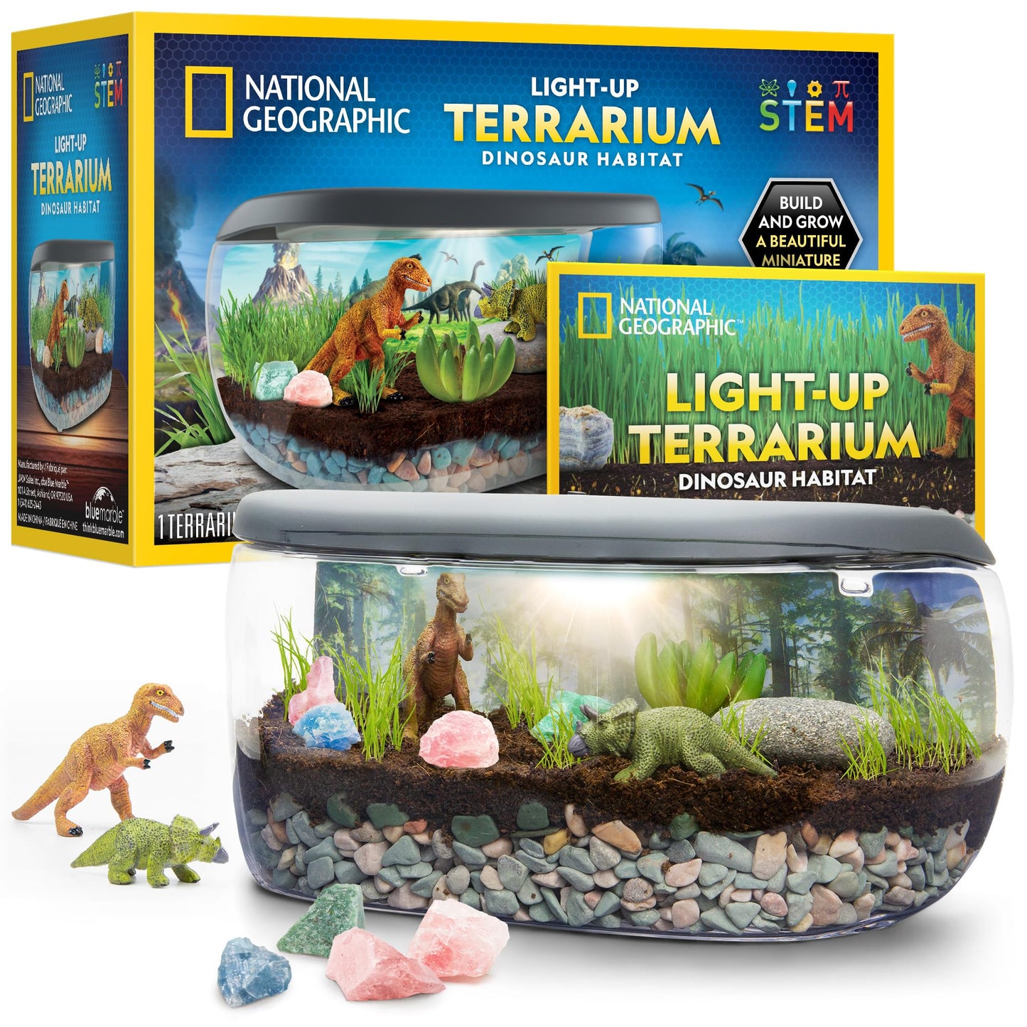 National Geographic Light Up Terrarium Kit for Kids – Dinosaur Habitat Science Kit with Real Plants, Gemstones & Dino Toys (Amazon Exclusive)