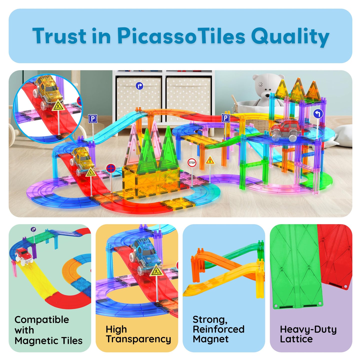PicassoTiles 6-Piece Magnetic Tiles Race Track Accessories - STEM Building Blocks for Kids, Educational Construction & Creative Play PTR06