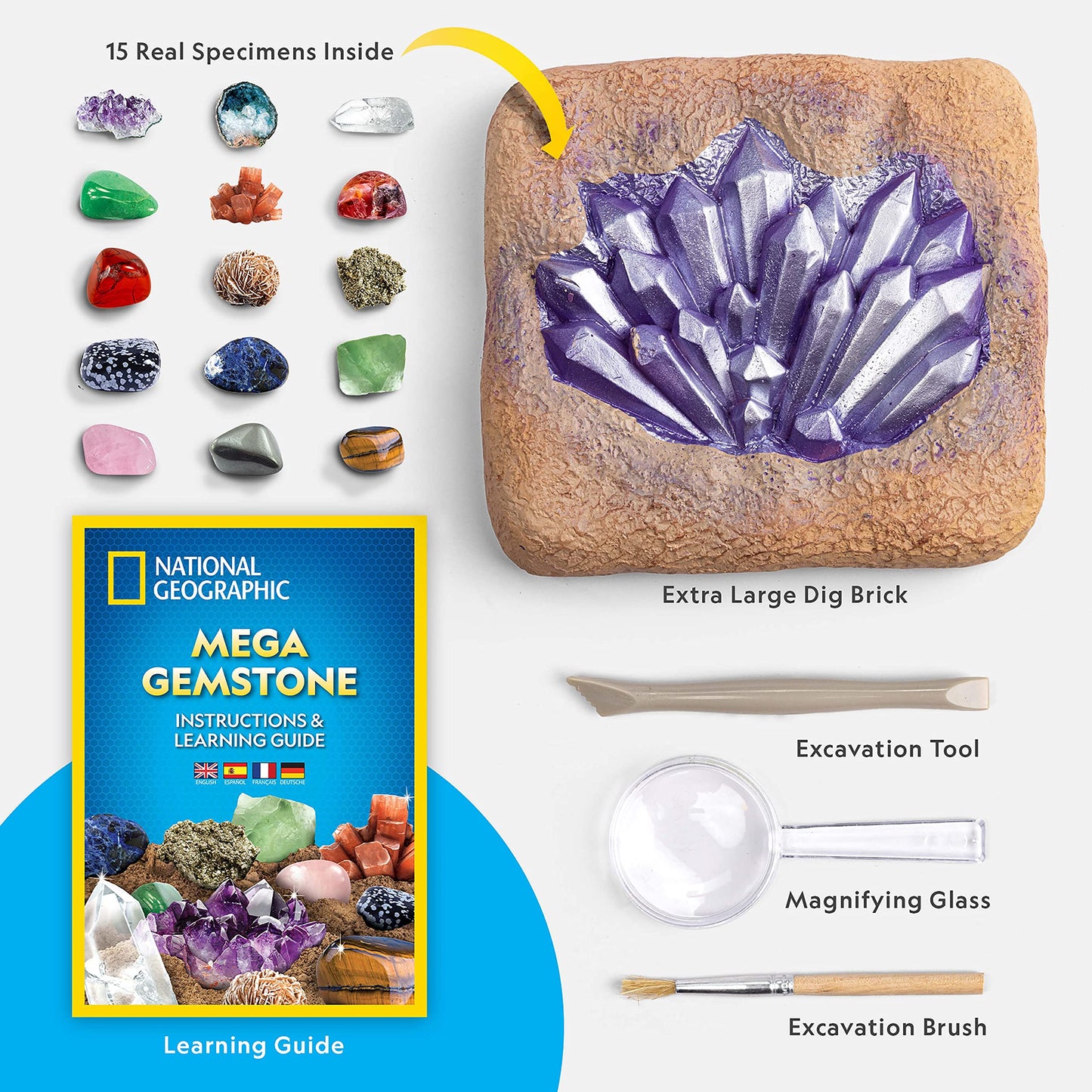 NATIONAL GEOGRAPHIC Mega Gemstone Dig Kit – Discover 15 Real Gems & Crystals, Science & Mining Kit for Kids, Rock Collection Gift