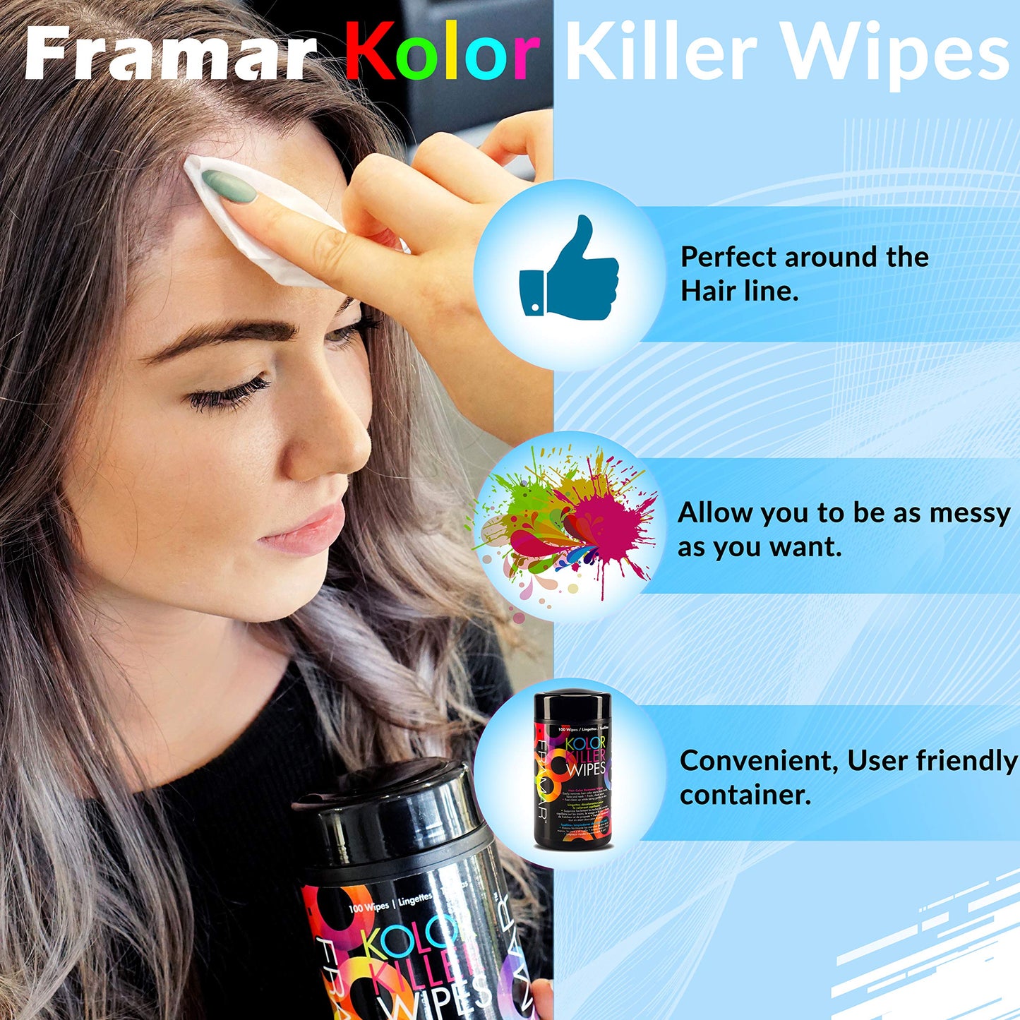Framar Kolor Killer Wipes – Hair Dye Remover For Skin, Hair Color Remover For Dyed Hair, Gentle on Skin, Pleasant Scent – Wipes Dispenser of 100