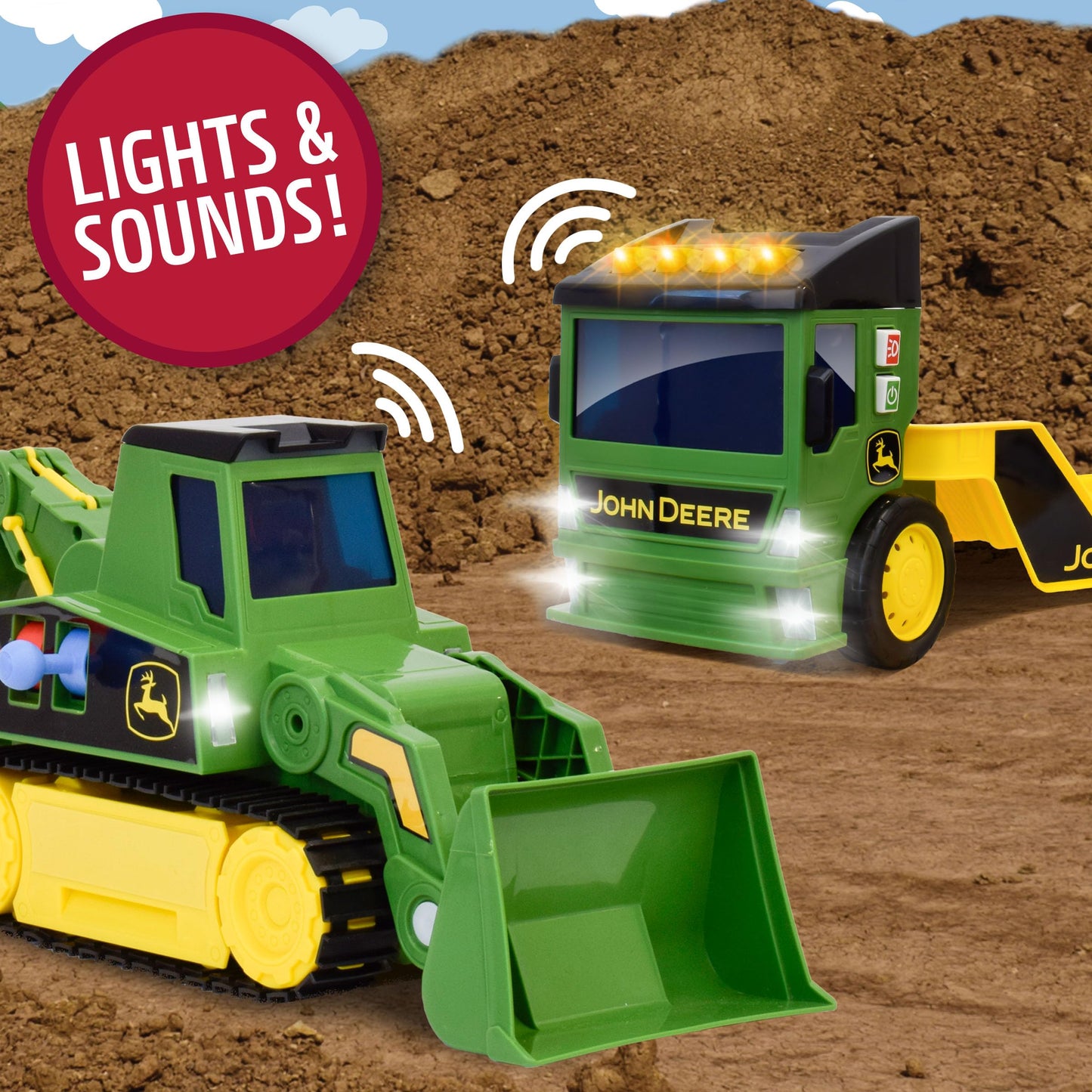 John Deere 2ft Extra Large Mega Mover Dual Joystick Motorized Trucks: Front Loader & Hoe with Trailer, Lights, Sounds Construction Toys for Kids 3+