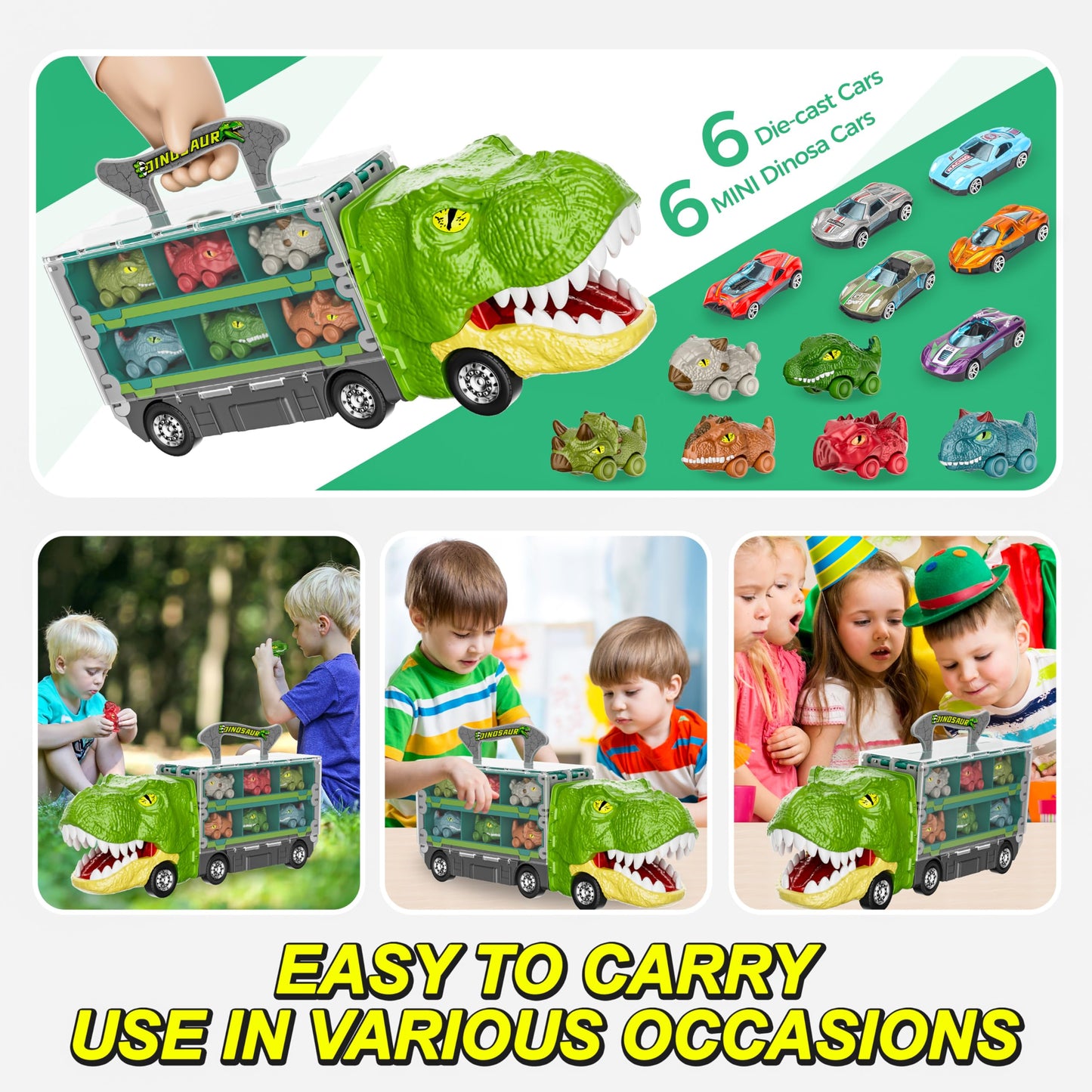 13-in-1 Dinosaur Car Toy Set for Kids, Foldable Track & Race Mode with 6 Dino Cars & 6 Race Cars, Toddler Boys 2-6, Birthday Gift