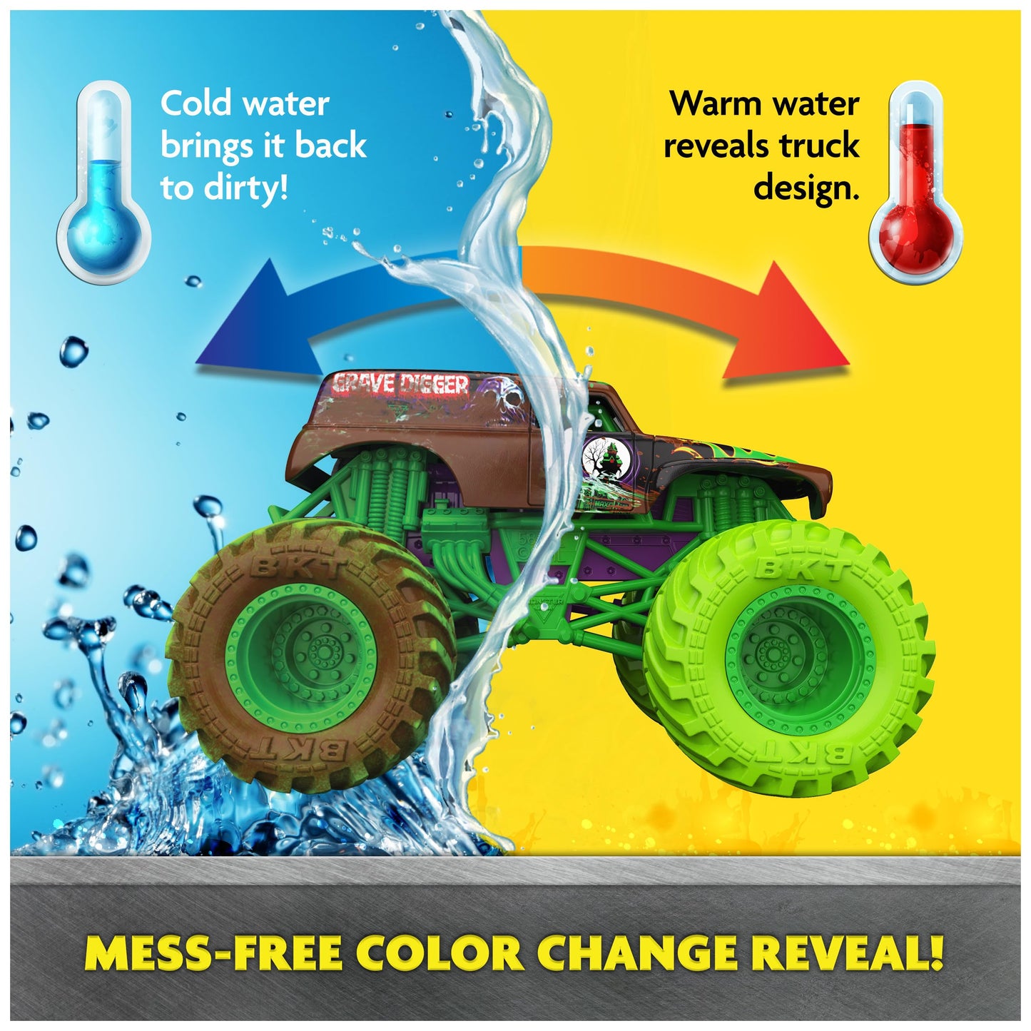 Monster Jam Mud Blasters, Grave Digger and Megalodon Color Changing Trucks 2-Pack, 1:64 Die Cast Vehicle, Kids Toys for Boys and Girls 3 and Up
