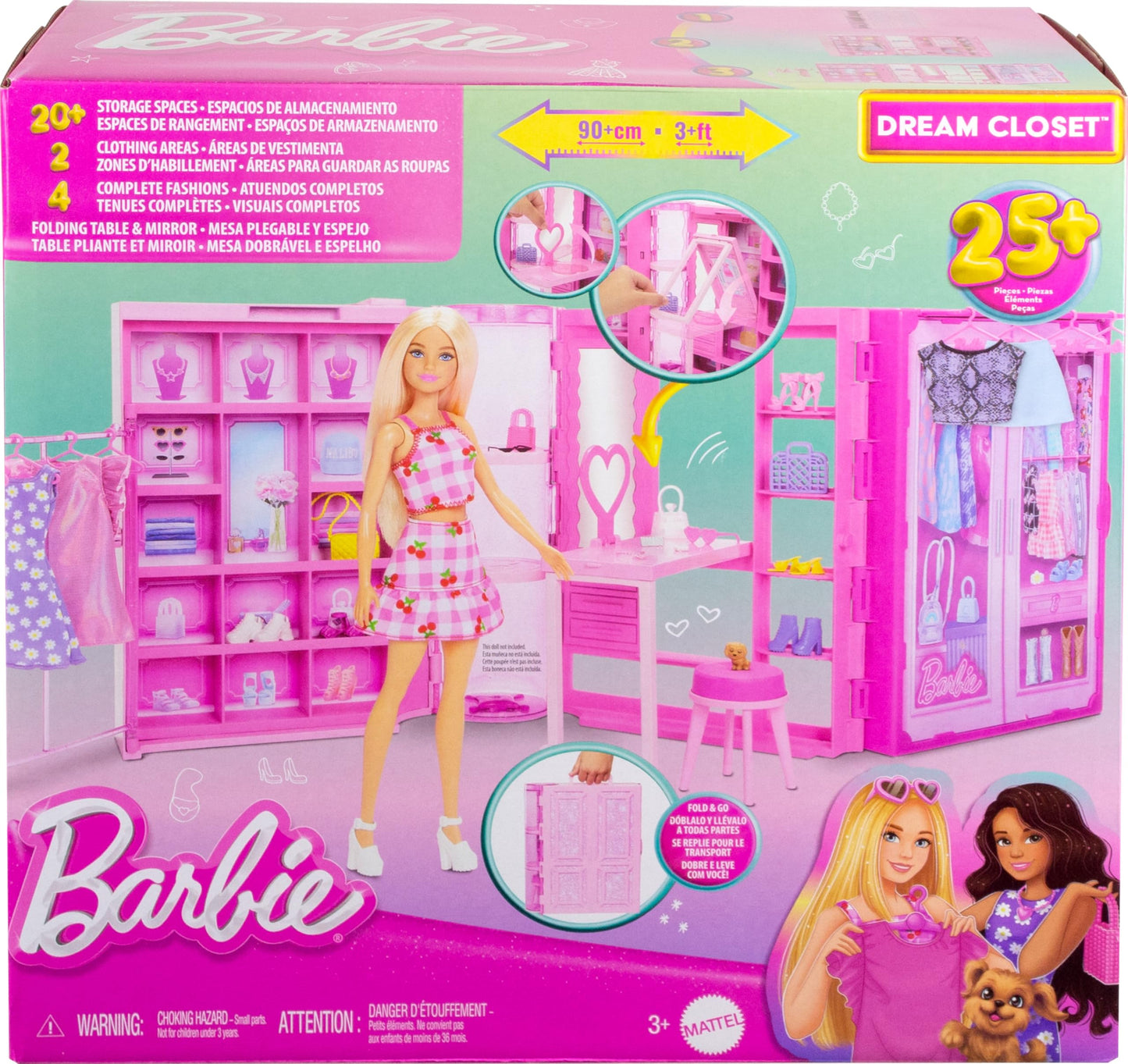 Barbie Dream Closet Toy Playset with Clothes & Accessories, 3-ft-Wide with 25+ Pieces, 4 Complete Fashion Looks