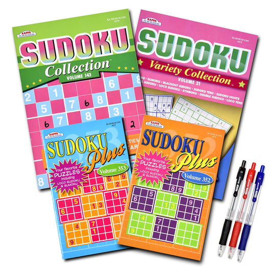 4-Pack 350+ Sudoku Puzzles for Adults, with Tips & Tricks, Puzzle Books for Adults & Seniors, Aging Seniors Brain Stimulation Activity Books, Large 8 X10 and Digest 5 X 8 Combo
