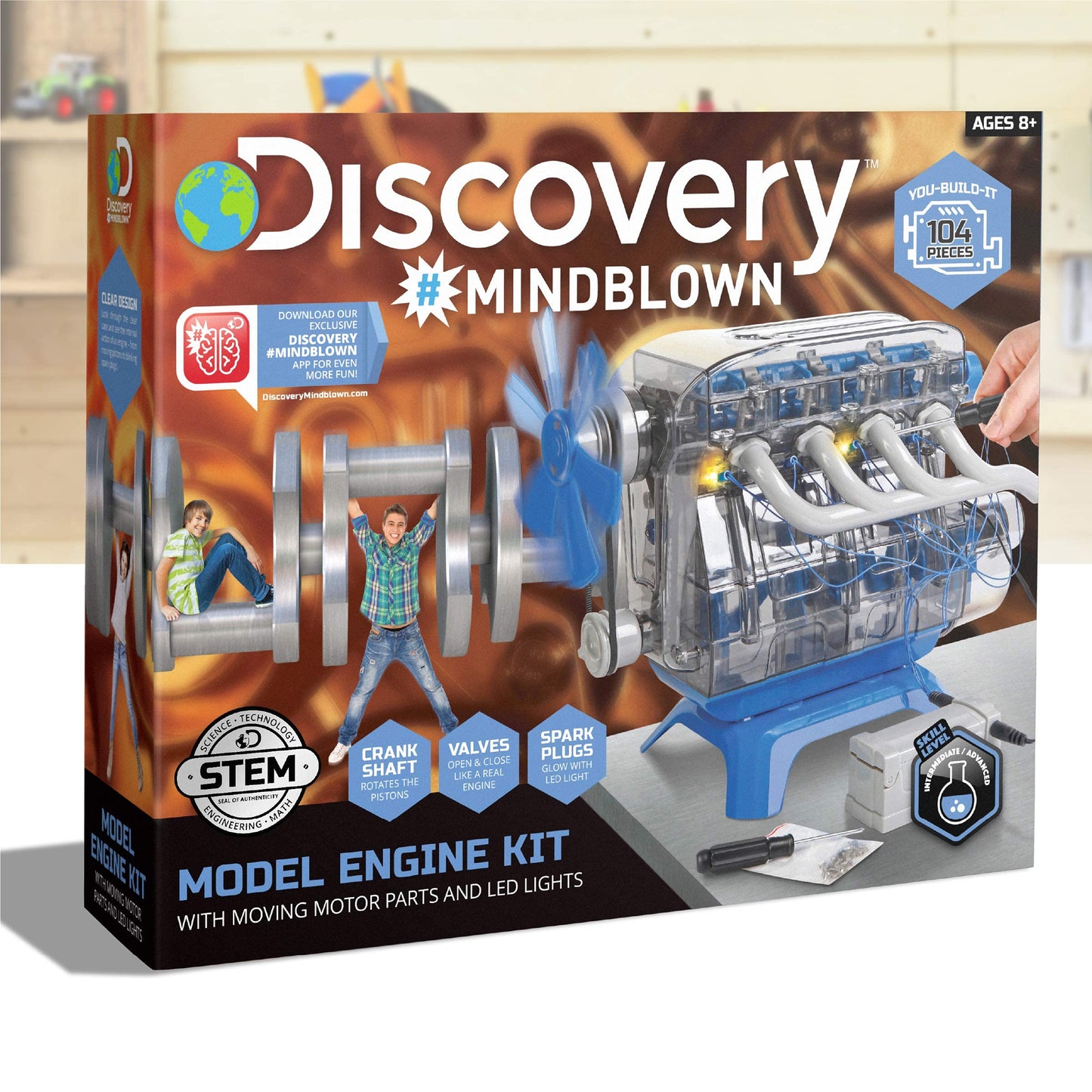 Discovery DIY 4-Cylinder Engine Kit – Working Pistons, Valves, Belts & LED Lights, STEM Mechanics Experiment Set for Kids & Adults