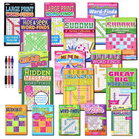 17-Pack 1400+ Sudoku Puzzles for Adults, Large WordSearch Puzzle for Adults, Aging Seniors Brain Stimulation Activity Books (Variety Pack Bulk) - Large 8x10 & Digest 5x8 Combo