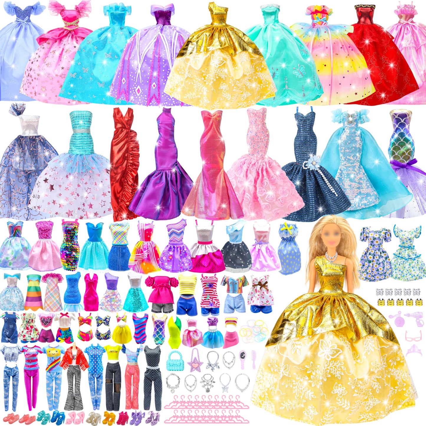 Style Shine 100-Piece Doll Clothes & Accessories Set – Dresses, Gowns, Jumpsuit, Tops, Pants, Shoes, Hangers & More – Birthday Gift
